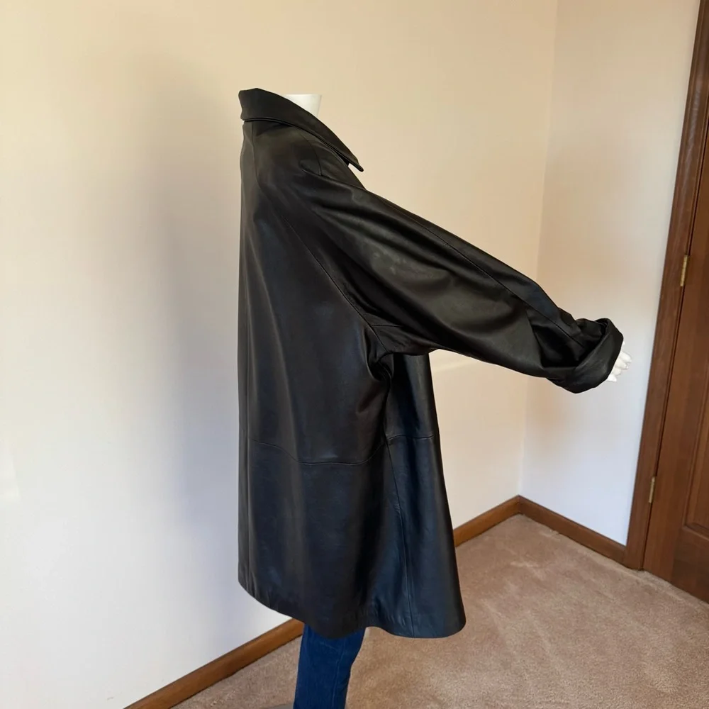 80s Vintage REMY LEATHER Black Trench Duster Futuristic Goth Coat XL